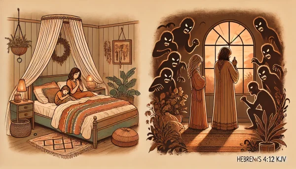 dall·e 2024 07 12 20.04.04 a serene bedroom scene in boho tones, showing parents praying over their sleeping children. the room has a warm, cozy ambiance with soft, earthy color